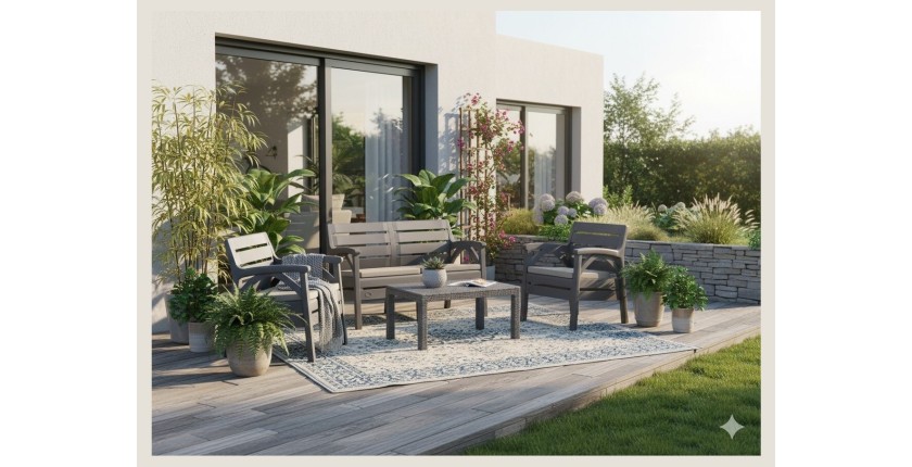 Salon de jardin SAVENNA 4 places anthracite avec canapé, fauteuils et table basse 