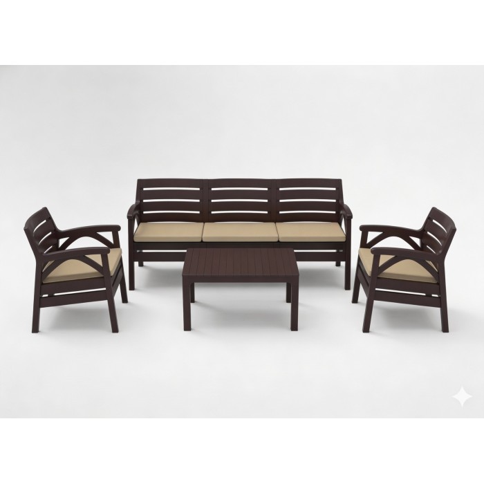 Salon de jardin SOLVANA 5 places marron et beige avec canapé 3 places, fauteuils et table basse 