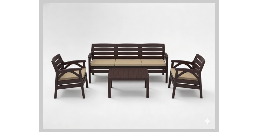Salon de jardin SOLVANA 5 places marron et beige avec canapé 3 places, fauteuils et table basse 