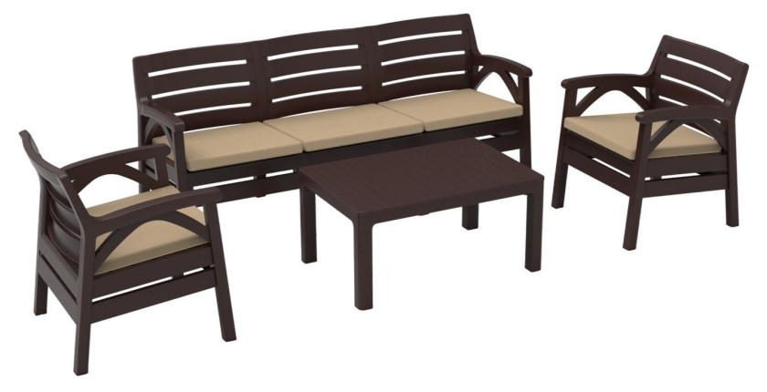 Salon de jardin SOLVANA 5 places marron et beige avec canapé 3 places, fauteuils et table basse