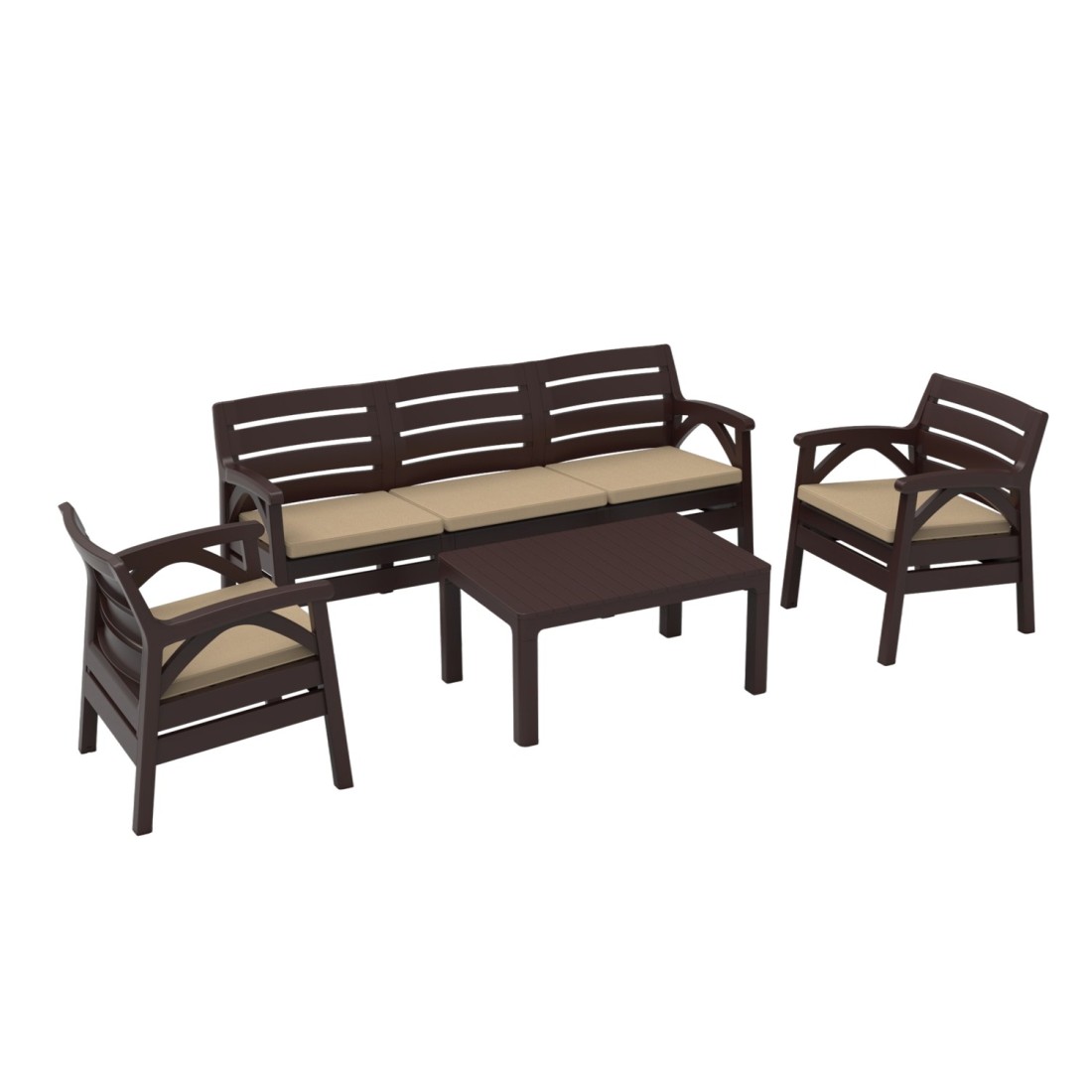 Salon de jardin SOLVANA 5 places marron et beige avec canapé 3 places, fauteuils et table basse