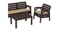 Salon de jardin SOLVANA 5 places marron et beige avec canapé 3 places, fauteuils et table basse 