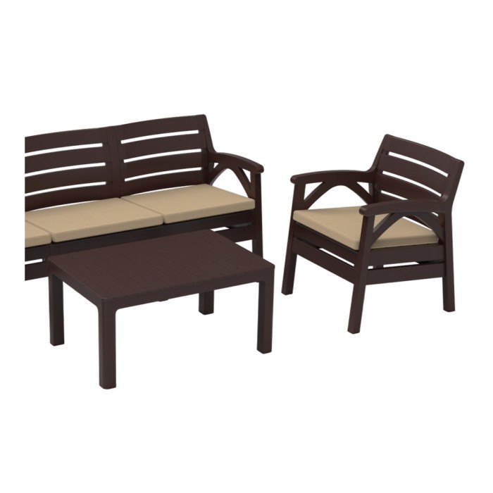 Salon de jardin SOLVANA 5 places marron et beige avec canapé 3 places, fauteuils et table basse 