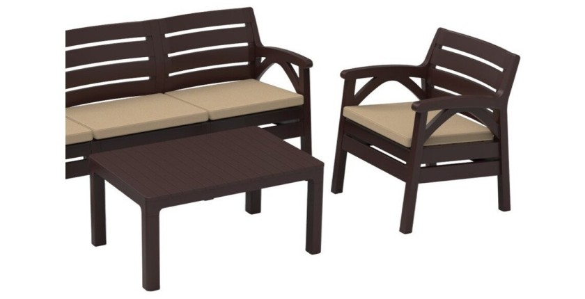 Salon de jardin SOLVANA 5 places marron et beige avec canapé 3 places, fauteuils et table basse 