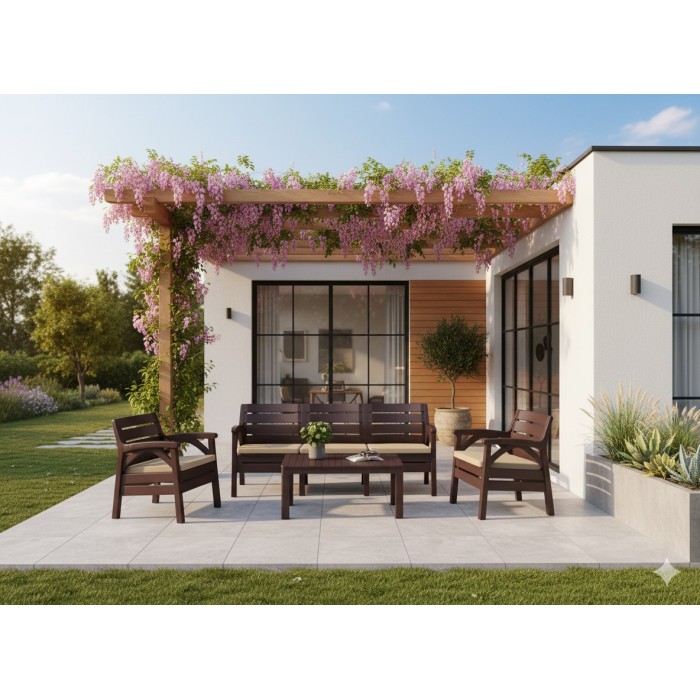 Salon de jardin SOLVANA 5 places marron et beige avec canapé 3 places, fauteuils et table basse 