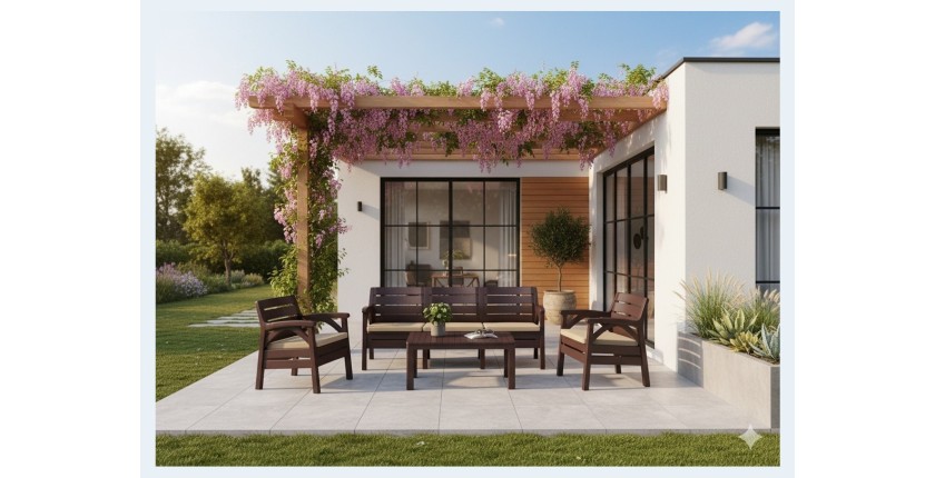 Salon de jardin SOLVANA 5 places marron et beige avec canapé 3 places, fauteuils et table basse 