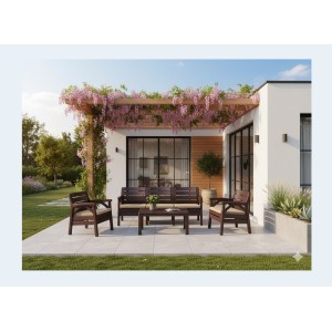 Salon de jardin SOLVANA 5 places marron et beige avec canapé 3 places, fauteuils et table basse 