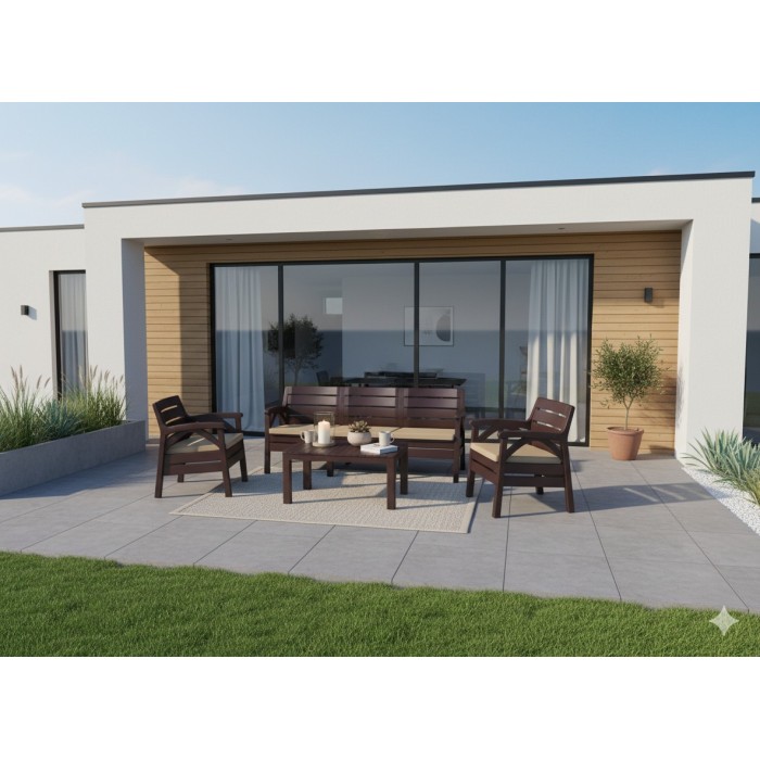 Salon de jardin SOLVANA 5 places marron et beige avec canapé 3 places, fauteuils et table basse 