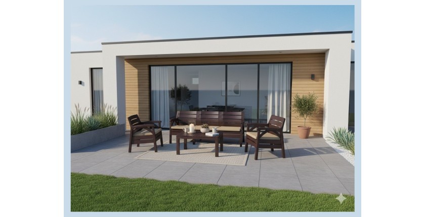 Salon de jardin SOLVANA 5 places marron et beige avec canapé 3 places, fauteuils et table basse 