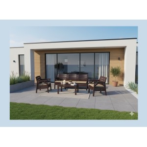 Salon de jardin SOLVANA 5 places marron et beige avec canapé 3 places, fauteuils et table basse 