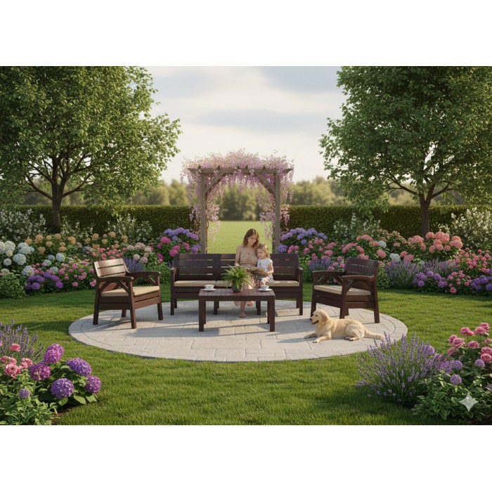 Salon de jardin SOLVANA 5 places marron et beige avec canapé 3 places, fauteuils et table basse 
