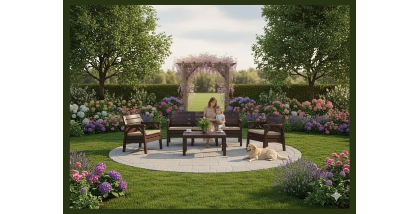 Salon de jardin SOLVANA 5 places marron et beige avec canapé 3 places, fauteuils et table basse 