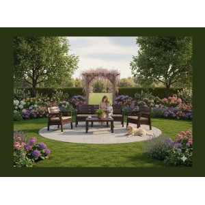 Salon de jardin SOLVANA 5 places marron et beige avec canapé 3 places, fauteuils et table basse 