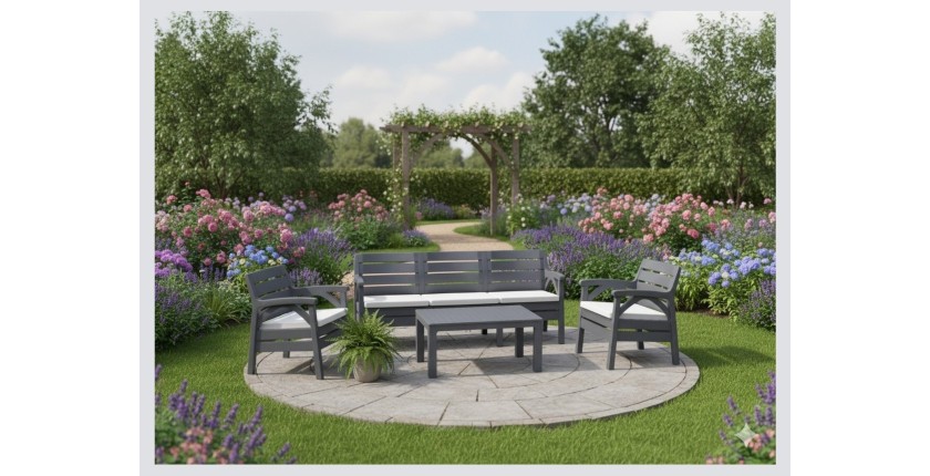 Salon de jardin SOLVANA 5 places anthracite avec canapé 3 places, fauteuils et table basse 