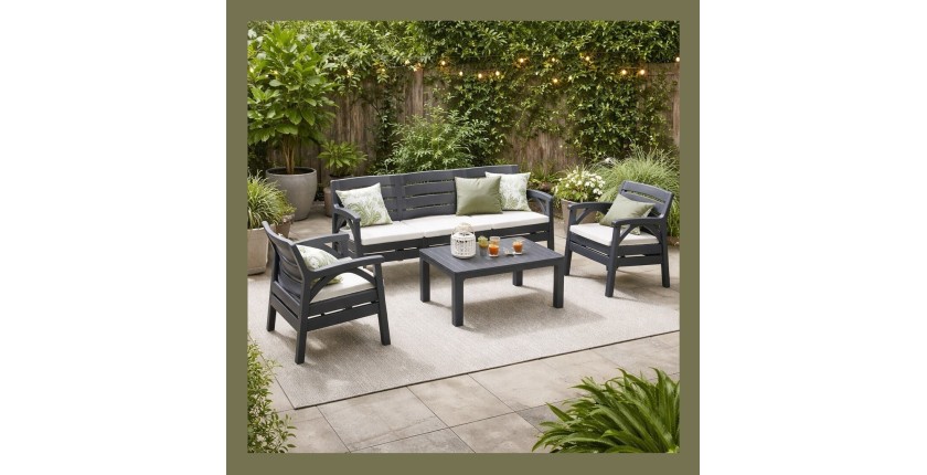 Salon de jardin SOLVANA 5 places anthracite avec canapé 3 places, fauteuils et table basse 