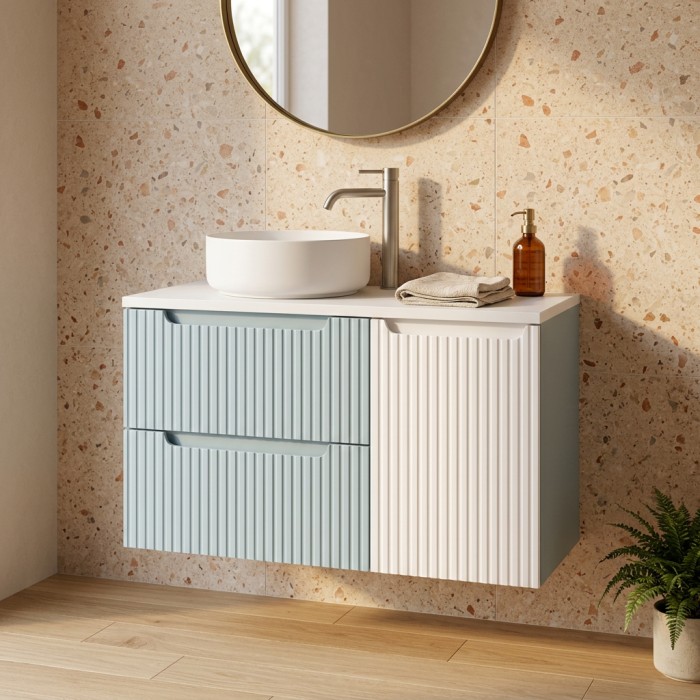 Set VANO blu denim e bianco 100cm: mobile sottolavabo con cassetti e cesto per la biancheria integrato + piano per lavabo