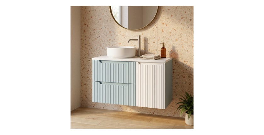 VANO set blauw denim en wit 100cm: ondermeubel met laden en geïntegreerde wasmand + blad voor wastafel