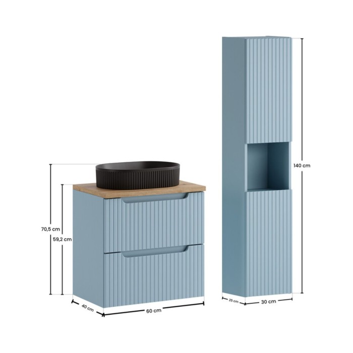 Ensemble VANO bleu et chêne : meuble sous vasque, plan pour vasque, vasque à poser noire et colonne dimensions