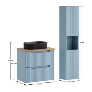 Conjunto VANO azul denim y roble claro 90cm: mueble bajo lavabo con cajones + encimera para lavabo + lavabo sobre encimera negro