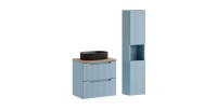 Conjunto VANO azul denim y roble claro 90cm: mueble bajo lavabo con cajones + encimera para lavabo + lavabo sobre encimera negro