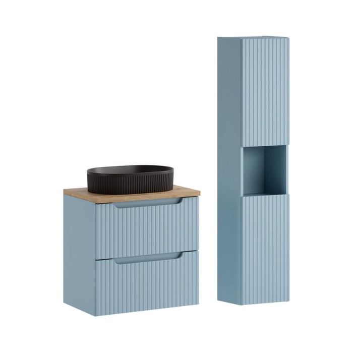 Ensemble VANO bleu et chêne : meuble sous vasque, plan pour vasque, vasque à poser noire et colonne