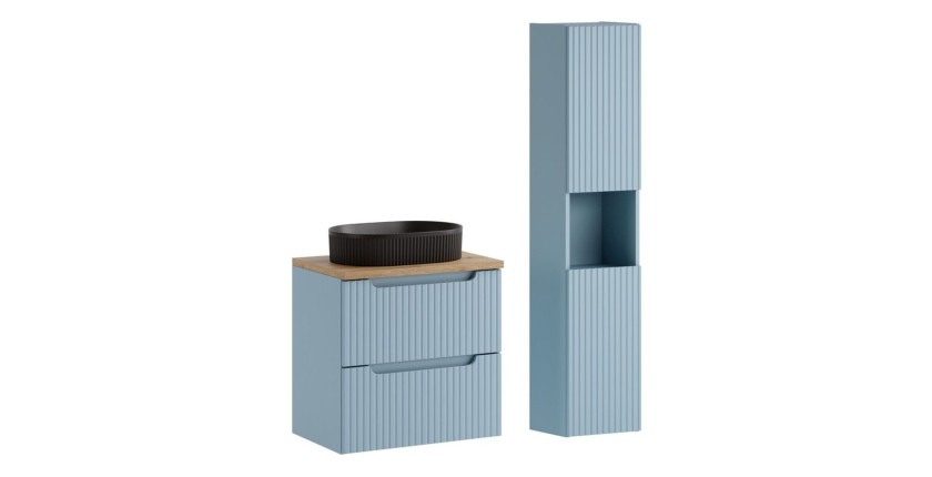 Conjunto VANO azul denim y roble claro 90cm: mueble bajo lavabo con cajones + encimera para lavabo + lavabo sobre encimera negro