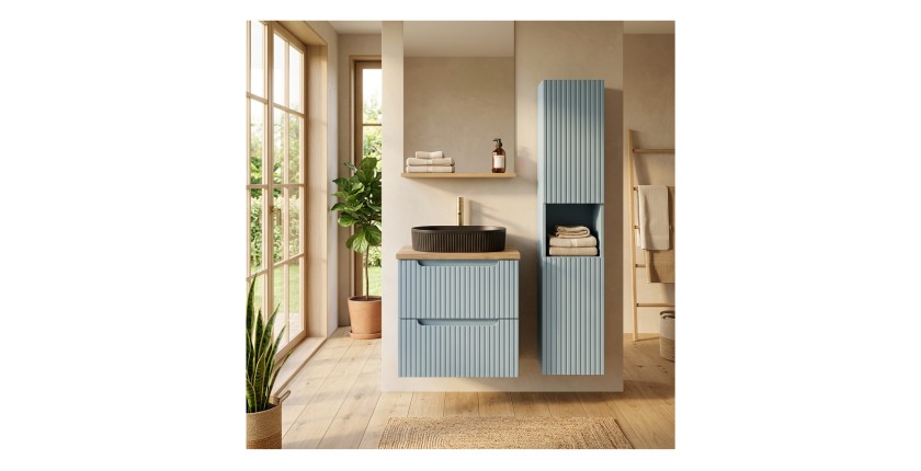 Conjunto VANO azul denim y roble claro 90cm: mueble bajo lavabo con cajones + encimera para lavabo + lavabo sobre encimera negro