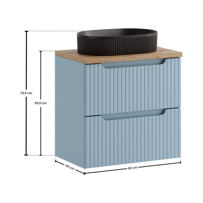 Conjunto VANO azul denim y roble claro 60cm: mueble bajo lavabo con cajones + encimera para lavabo + lavabo sobre encimera negro