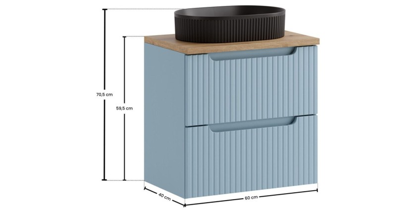 <p>Set VANO blauwe denim en licht eiken 60cm: onderkast met lades + plan voor wastafel + opzetwastafel zwart gegroefd</p>