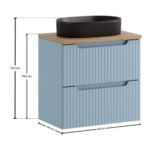 <p>Set VANO blauwe denim en licht eiken 60cm: onderkast met lades + plan voor wastafel + opzetwastafel zwart gegroefd</p>
