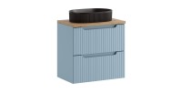 <p>Set VANO blauwe denim en licht eiken 60cm: onderkast met lades + plan voor wastafel + opzetwastafel zwart gegroefd</p>