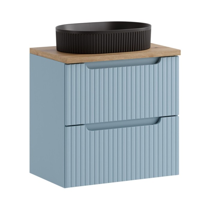 Conjunto VANO azul denim y roble claro 60cm: mueble bajo lavabo con cajones + encimera para lavabo + lavabo sobre encimera negro