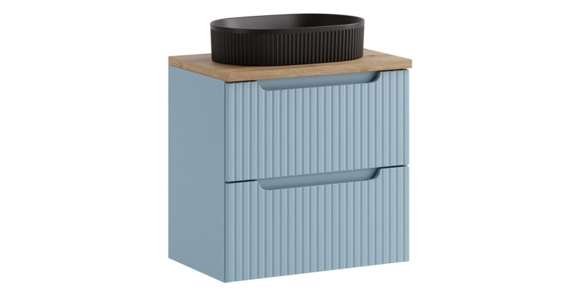 <p>Set VANO blauwe denim en licht eiken 60cm: onderkast met lades + plan voor wastafel + opzetwastafel zwart gegroefd</p>