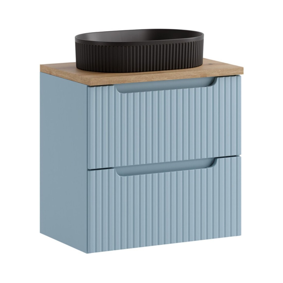 <p>Set VANO blauwe denim en licht eiken 60cm: onderkast met lades + plan voor wastafel + opzetwastafel zwart gegroefd</p>