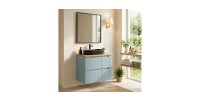 <p>Set VANO blauwe denim en licht eiken 60cm: onderkast met lades + plan voor wastafel + opzetwastafel zwart gegroefd</p>