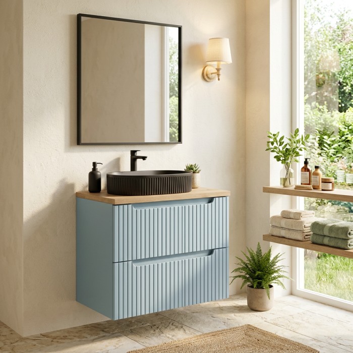 Conjunto VANO azul denim y roble claro 60cm: mueble bajo lavabo con cajones + encimera para lavabo + lavabo sobre encimera negro