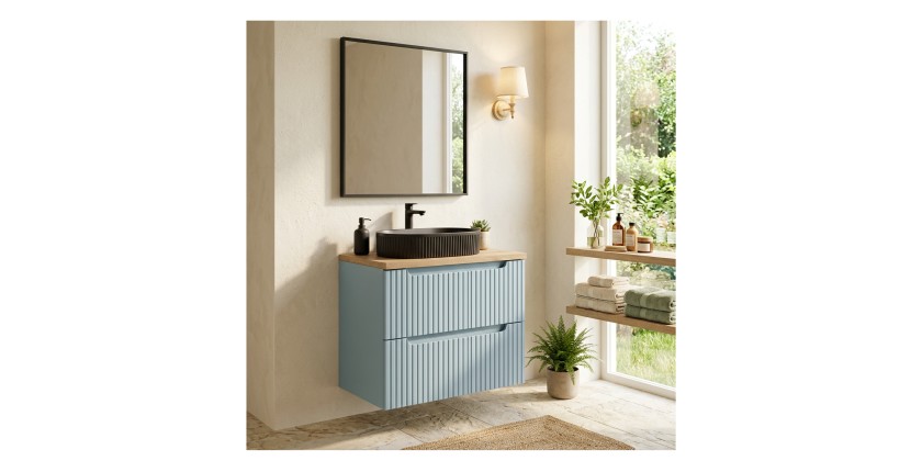 <p>Set VANO blauwe denim en licht eiken 60cm: onderkast met lades + plan voor wastafel + opzetwastafel zwart gegroefd</p>