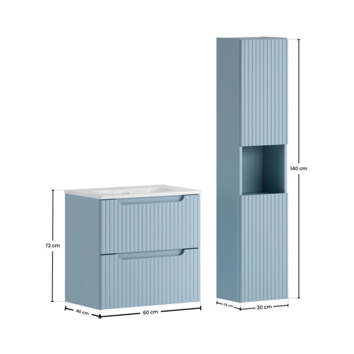 Conjunto de baño suspendido VANO azul denim 90cm: mueble bajo lavabo con cajones + lavabo encastrable blanco + columna