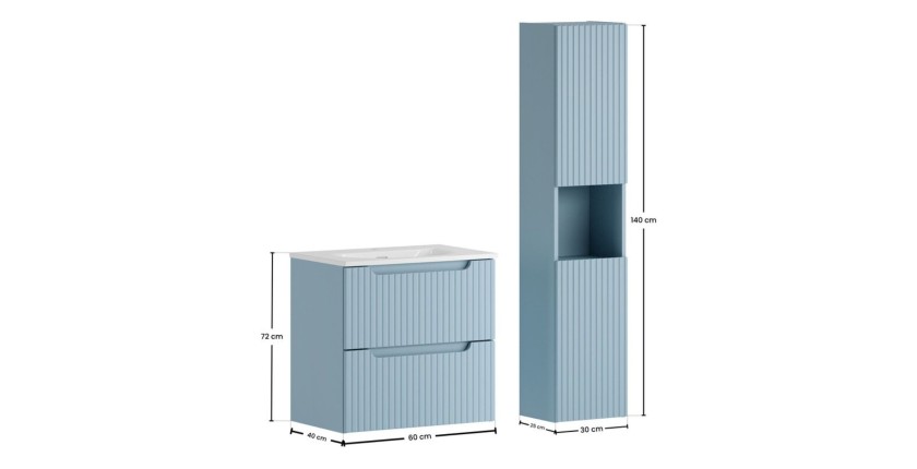 Conjunto de baño suspendido VANO denim azul 90cm: mueble bajo lavabo con cajones + lavabo blanco de encastre + columna