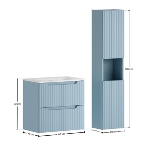 Conjunto de baño suspendido VANO denim azul 90cm: mueble bajo lavabo con cajones + lavabo blanco de encastre + columna