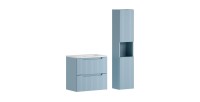 Conjunto de baño suspendido VANO denim azul 90cm: mueble bajo lavabo con cajones + lavabo blanco de encastre + columna