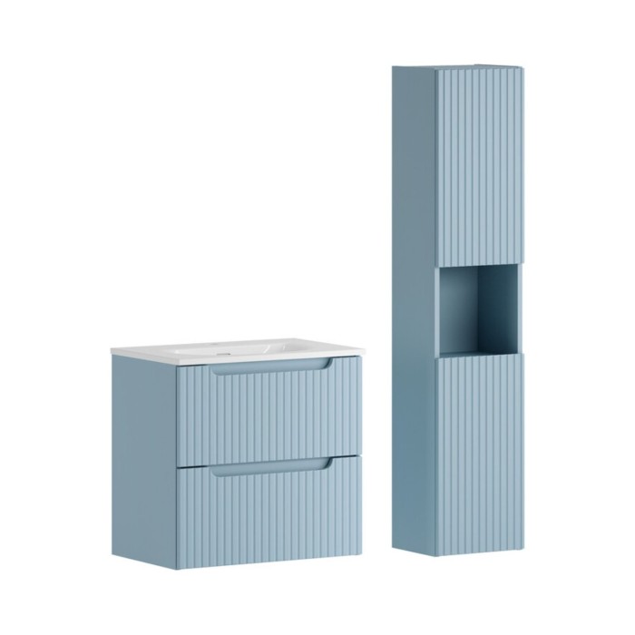 Conjunto de baño suspendido VANO azul denim 90cm: mueble bajo lavabo con cajones + lavabo encastrable blanco + columna