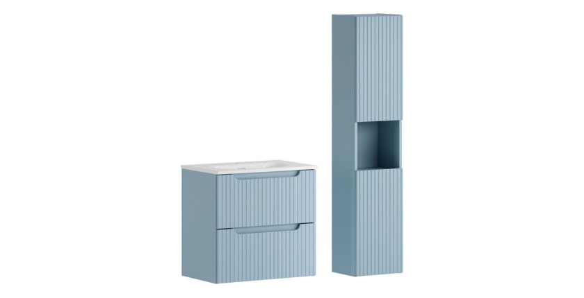 Conjunto de baño suspendido VANO denim azul 90cm: mueble bajo lavabo con cajones + lavabo blanco de encastre + columna