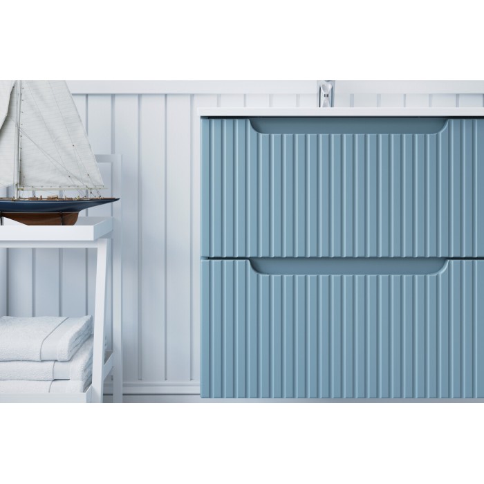 Conjunto de baño suspendido VANO azul denim 90cm: mueble bajo lavabo con cajones + lavabo encastrable blanco + columna