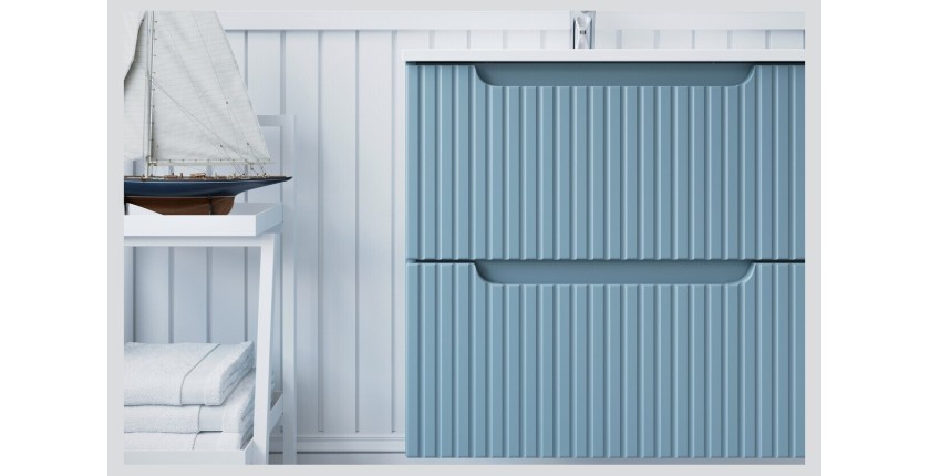 Conjunto de baño suspendido VANO denim azul 90cm: mueble bajo lavabo con cajones + lavabo blanco de encastre + columna