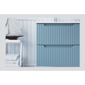 Conjunto de baño suspendido VANO denim azul 90cm: mueble bajo lavabo con cajones + lavabo blanco de encastre + columna