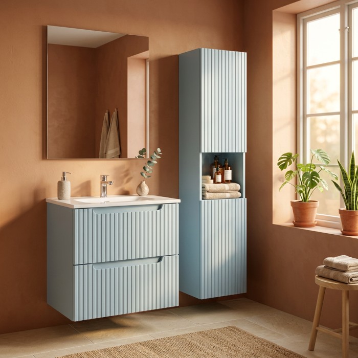 Conjunto de baño suspendido VANO azul denim 90cm: mueble bajo lavabo con cajones + lavabo encastrable blanco + columna
