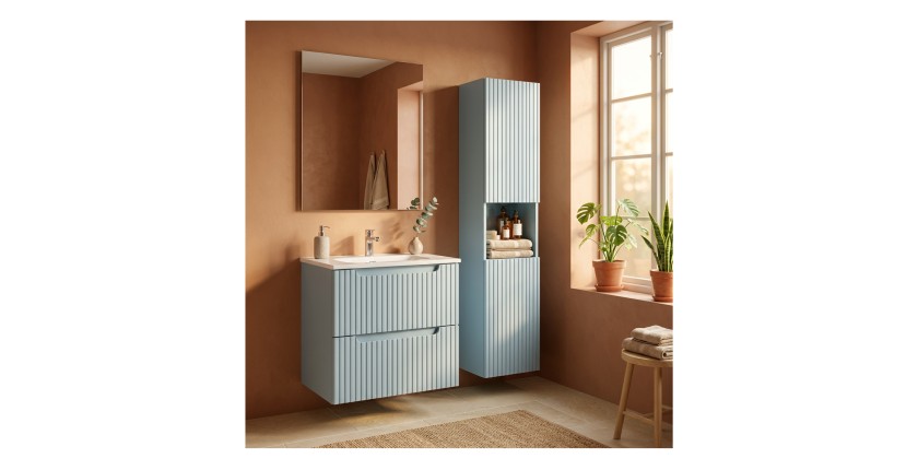 Conjunto de baño suspendido VANO denim azul 90cm: mueble bajo lavabo con cajones + lavabo blanco de encastre + columna