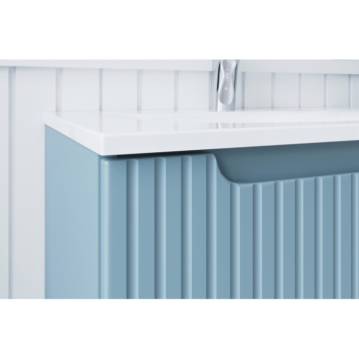 Conjunto de baño suspendido VANO azul denim 60cm: mueble bajo lavabo con cajones + lavabo blanco empotrado