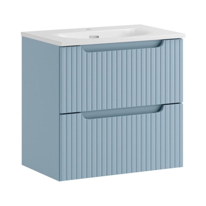 Conjunto de baño suspendido VANO azul denim 60cm: mueble bajo lavabo con cajones + lavabo blanco empotrado